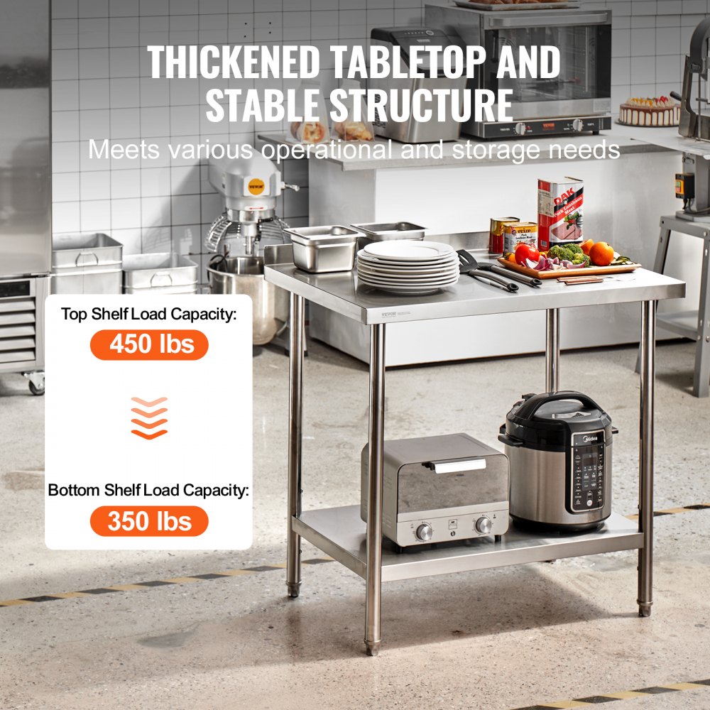 VEVOR Mesa de Trabajo de Acero Inoxidable 61x91,4x91,4 cm Mesa de Preparación de Alimentos Duradera Altura Ajustable Unidad de Almacenamiento de Alimentos para Cocina Restaurante Bar Hotel Hogar