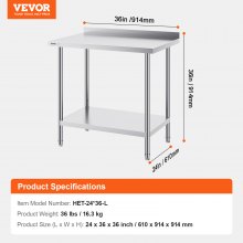 VEVOR Mesa de Trabajo de Acero Inoxidable 91,4 x 61 cm para Cocina Restaurante