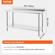 VEVOR Mesa de Trabajo de Acero Inoxidable Mesa de Preparación 152,4x61 cm Cocina