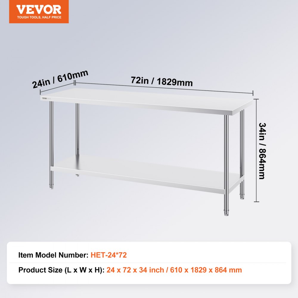 VEVOR Stainless Steel Preparation Table, Robust Metal Worktable with 3 Adjustable Height Levels, Commercial Workstation for Kitchen, Garage, Restaurant, Backyard 610 x 1829 x 864 mm