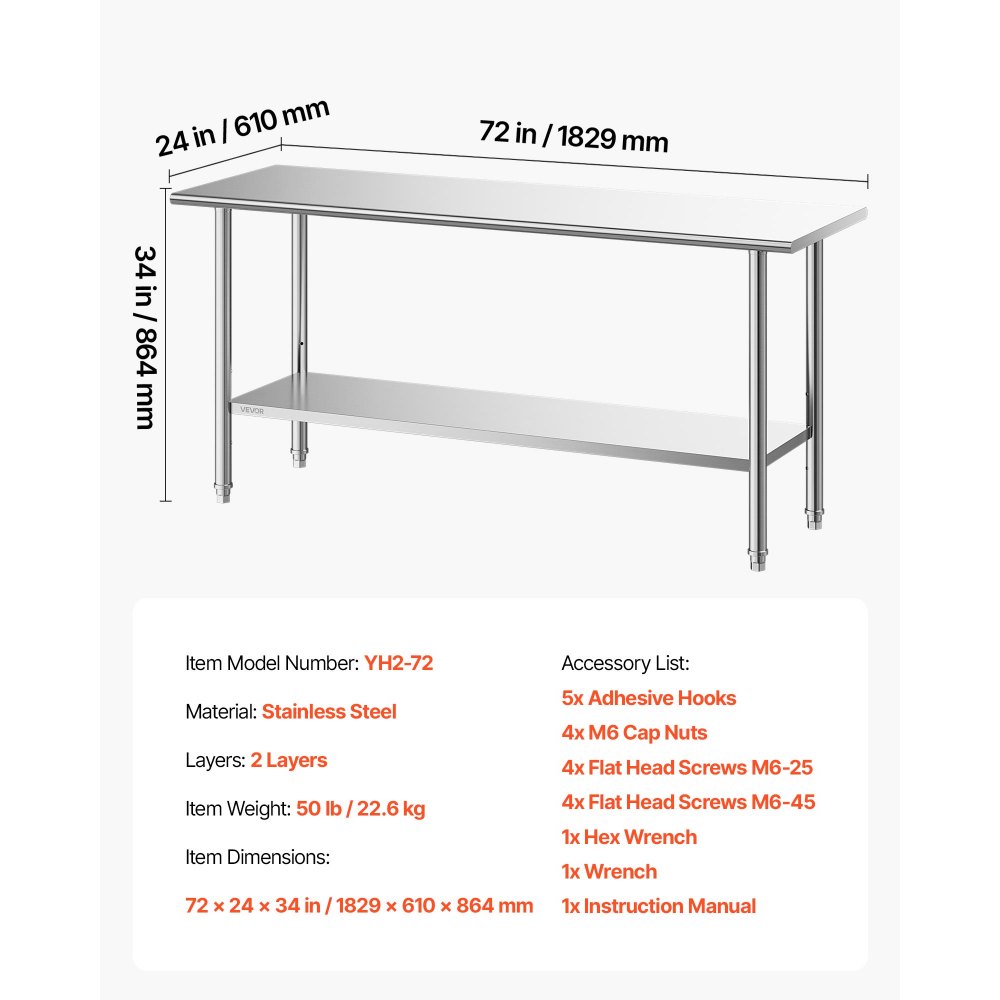 VEVOR Mesa de Preparación de 2 Niveles 182,9 x 61 x 86,4 cm, Mesa de Trabajo de Acero Inoxidable, con Estante Inferior Ajustable, Bordes Redondeados, para Restaurantes, Hoteles, Cocinas, Garajes