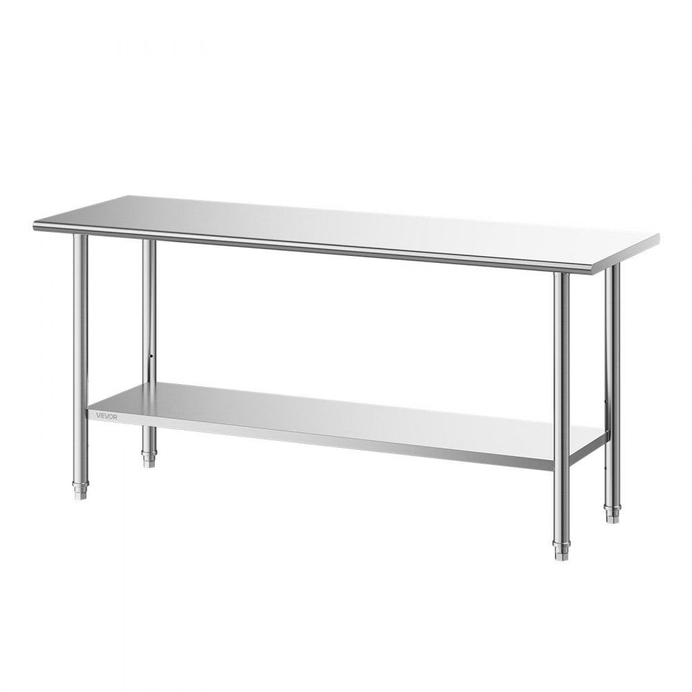 VEVOR Mesa de Preparación de 2 Niveles 182,9 x 61 x 86,4 cm, Mesa de Trabajo de Acero Inoxidable, con Estante Inferior Ajustable, Bordes Redondeados, para Restaurantes, Hoteles, Cocinas, Garajes