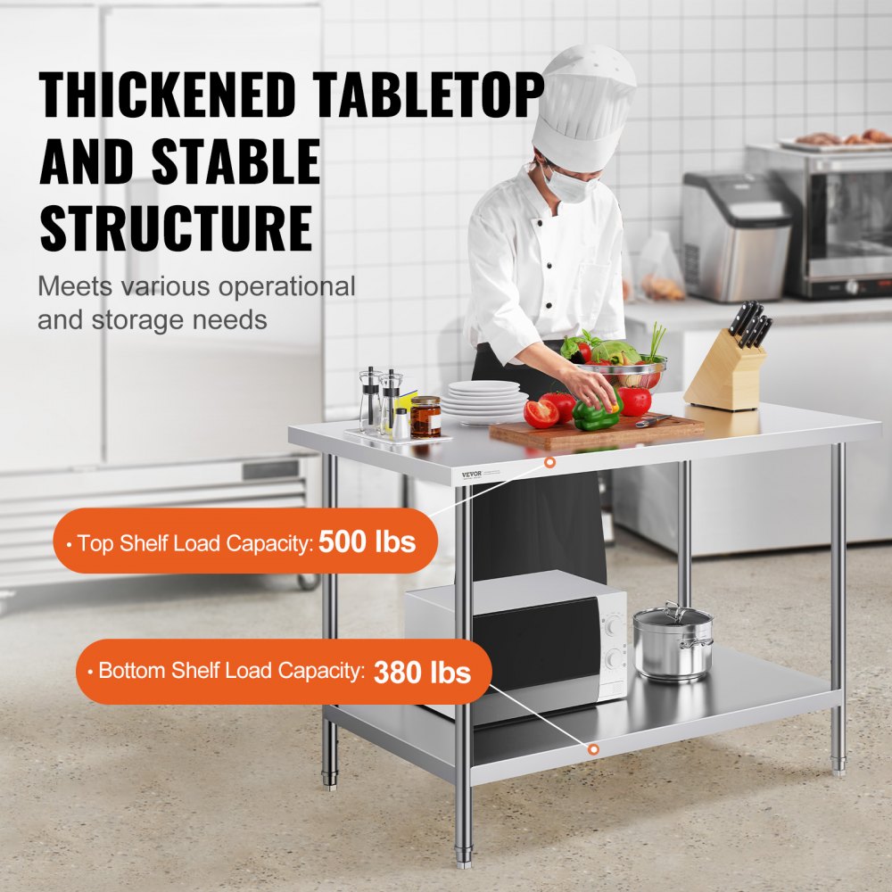 VEVOR Stainless Steel Preparation Table, Metal Work Table with 3 Adjustable Height Levels, Commercial Workstation for Kitchen, Garage, Restaurant, Backyard 762 x 1219 x 864 mm