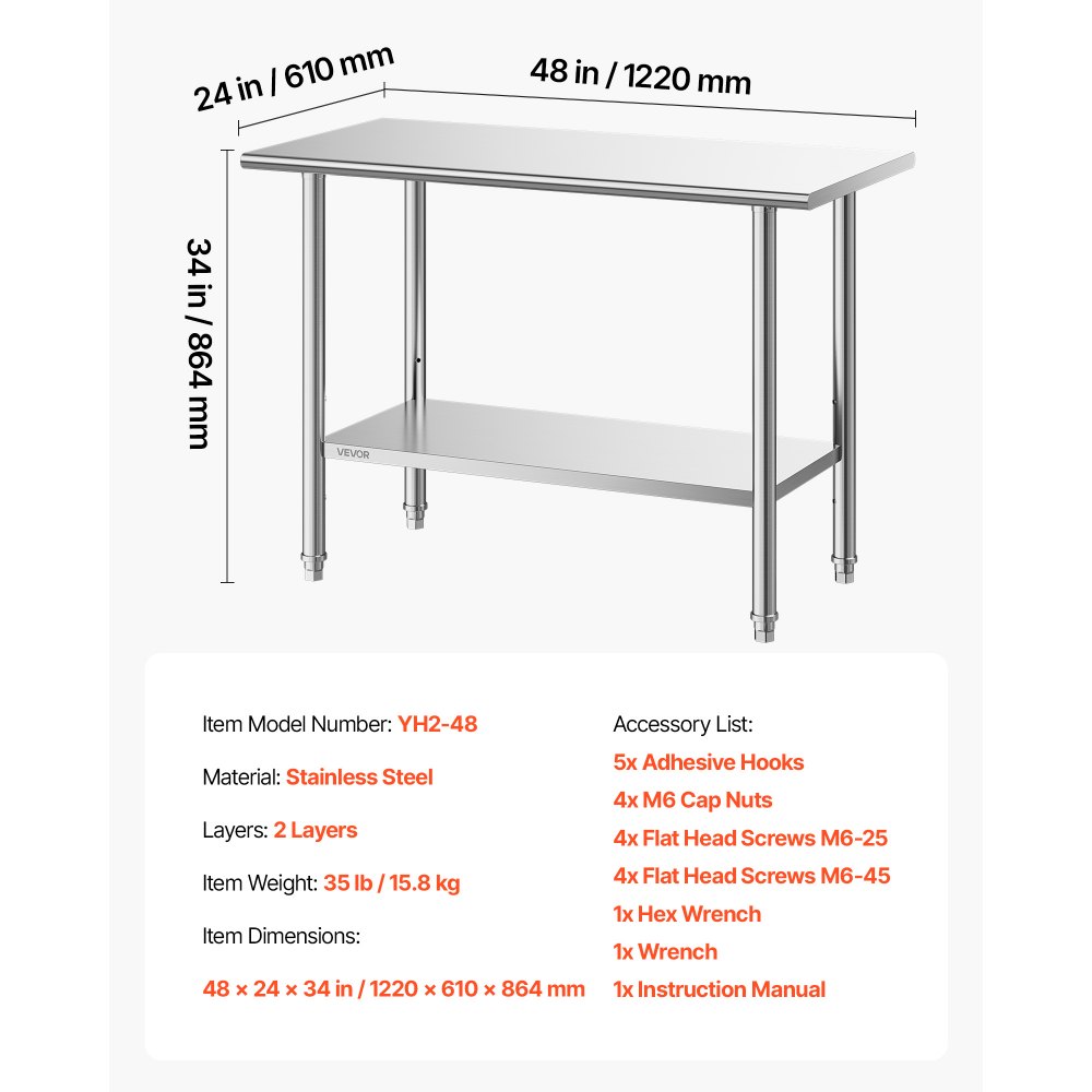 VEVOR Mesa de Preparación de 2 Niveles 122 x 61 x 86,4 cm, Mesa de Trabajo de Acero Inoxidable, con Estante Inferior Ajustable, Bordes Redondeados, para Restaurantes, Hoteles, Cocinas, Garajes