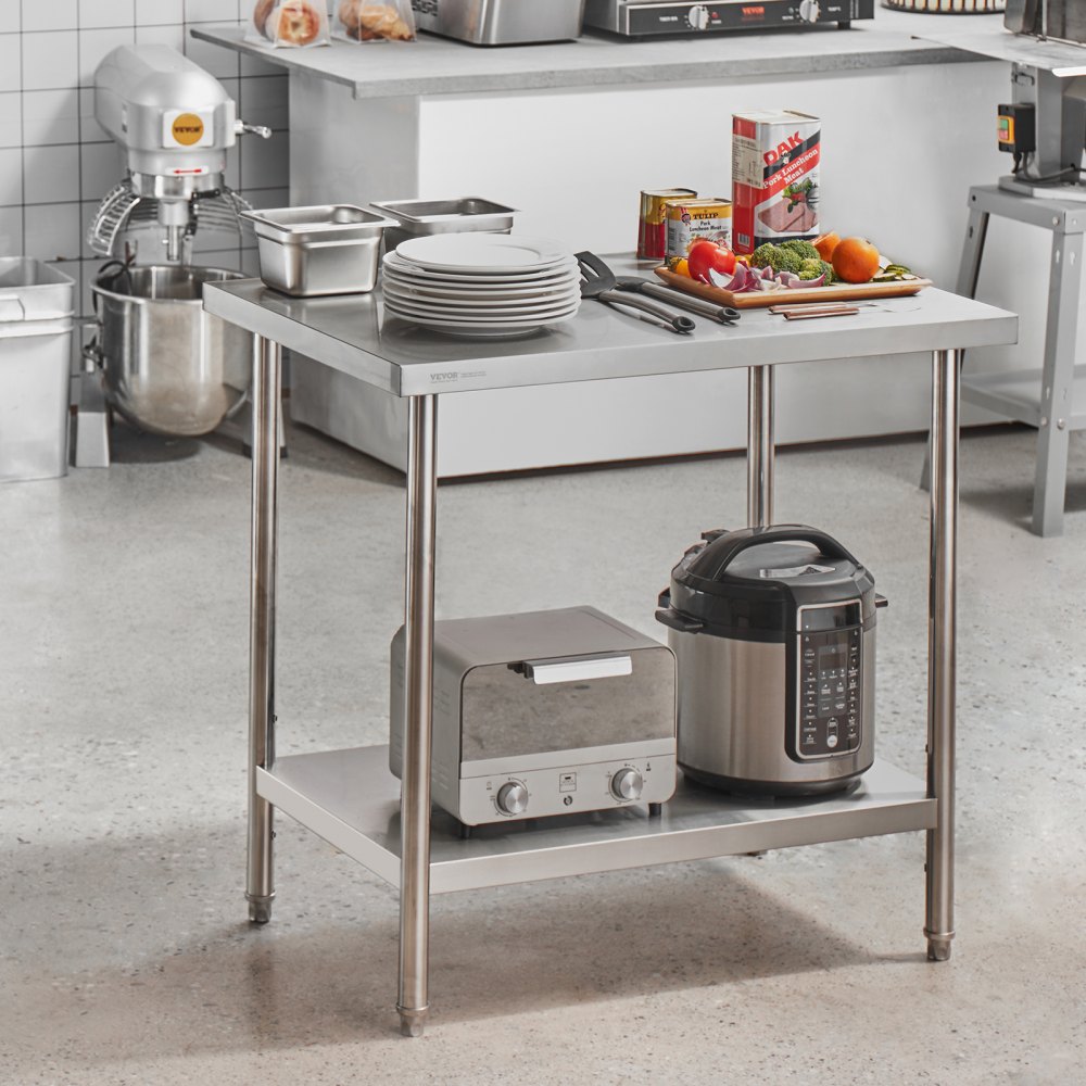 VEVOR Mesa de Trabajo de Acero Inoxidable 61 x 91,4 x 86,4 cm Mesa de Preparación de Alimentos Carga de 340 kg Altura Regulable Unidad de Almacenamiento de Alimentos para Cocina Restaurante Hogar