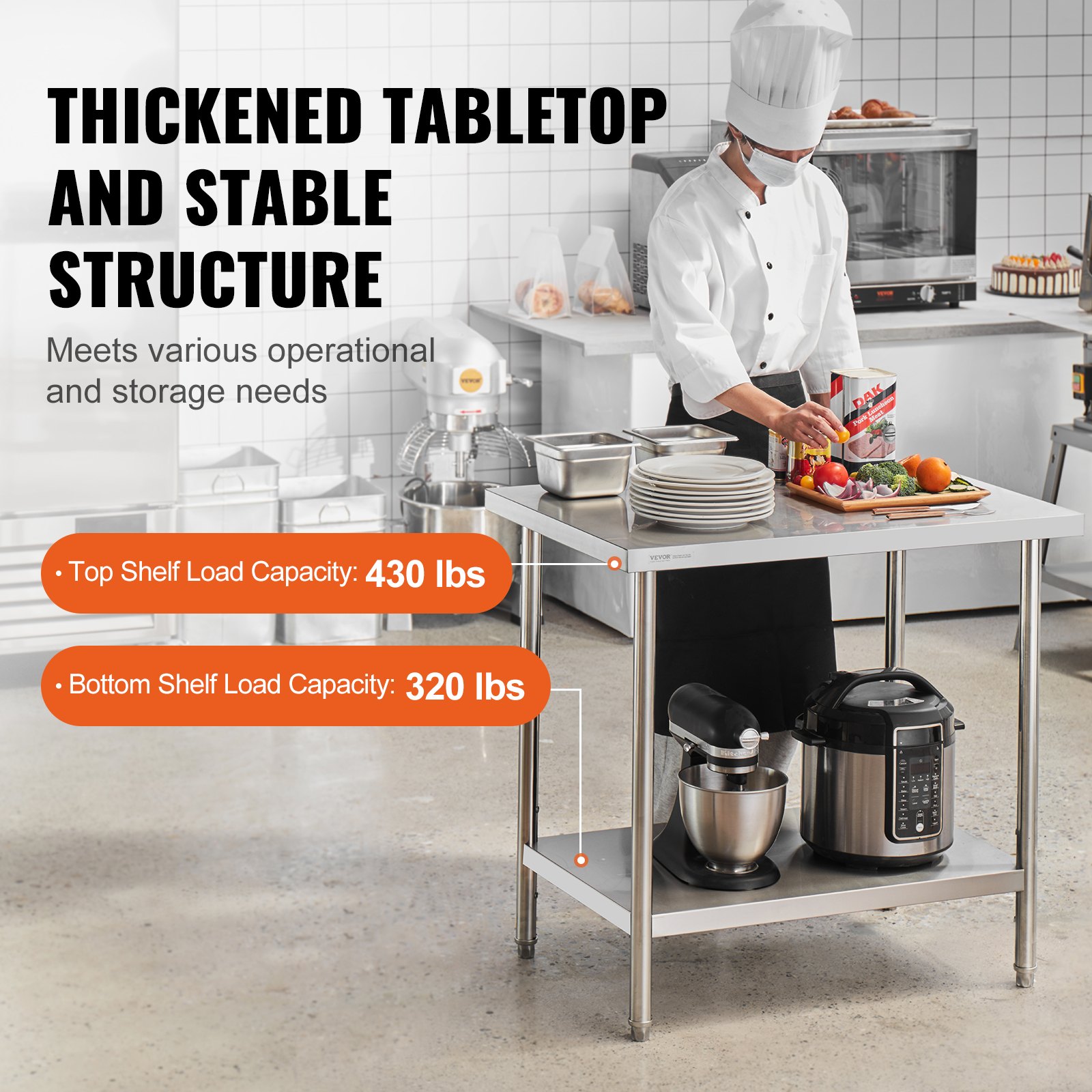 VEVOR Mesa de Trabajo de Acero Inoxidable 61 x 91,4 x 86,4 cm Mesa de Preparación de Alimentos Carga de 340 kg Altura Regulable Unidad de Almacenamiento de Alimentos para Cocina Restaurante Hogar