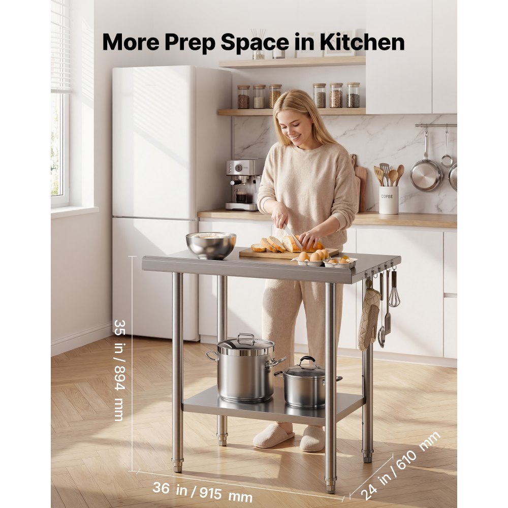 VEVOR Mesa de Trabajo de Acero Inoxidable 2 Niveles, Mesa de Preparación de Alimentos 91,5x61x89,4 cm, Estante Inferior Ajustable, Protector contra Salpicaduras, para Restaurantes, Bares, Hoteles