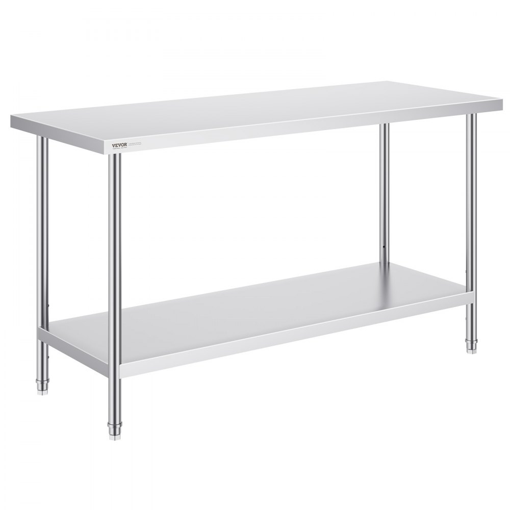 Mesa de trabajo de acero inoxidable VEVOR con estante inferior, superficie pulida y patas de metal resistentes.