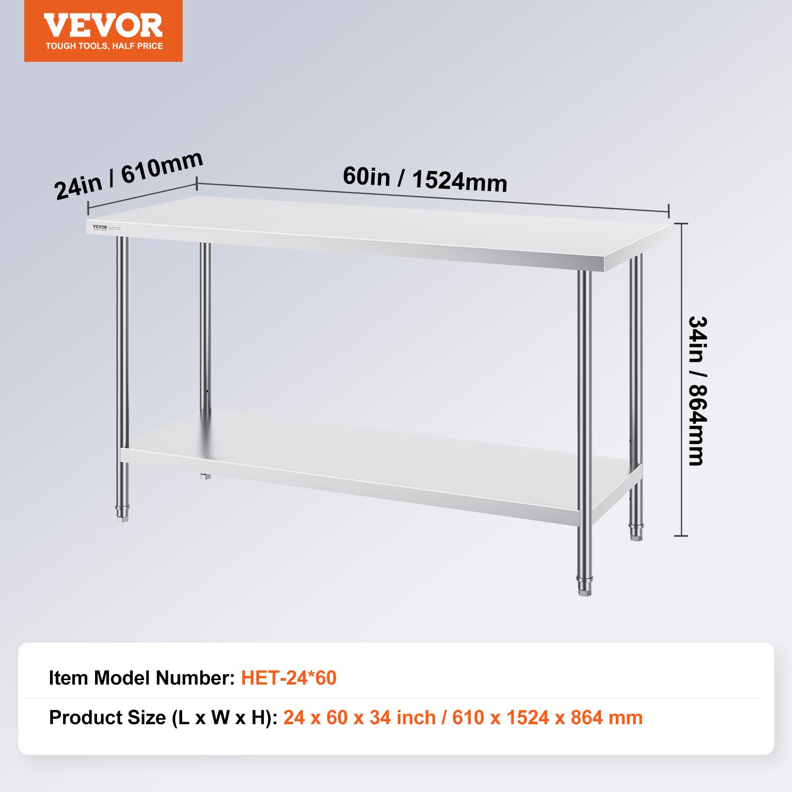 VEVOR Mesa de Trabajo de Acero Inoxidable 61x152,4x86,4 cm Mesa de Preparación de Alimentos Carga 381 kg 3 Niveles de Altura Regulables Unidad de Almacenamiento de Alimentos para Cocina Restaurante