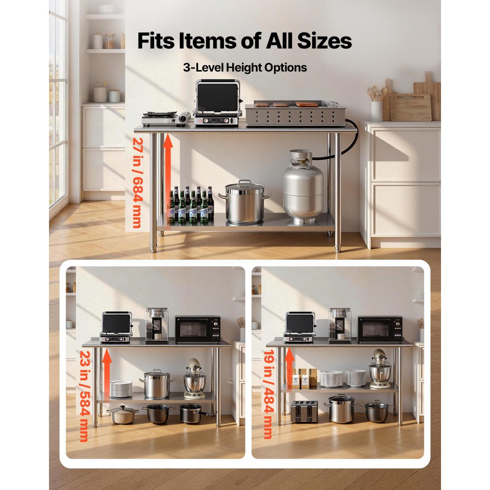 VEVOR Mesa de Trabajo de Acero Inoxidable 2 Niveles, Mesa de Preparación de Alimentos 152,4x61x89,4 cm, Estante Inferior Ajustable, Protector contra Salpicaduras, para Restaurantes, Bares, Hoteles