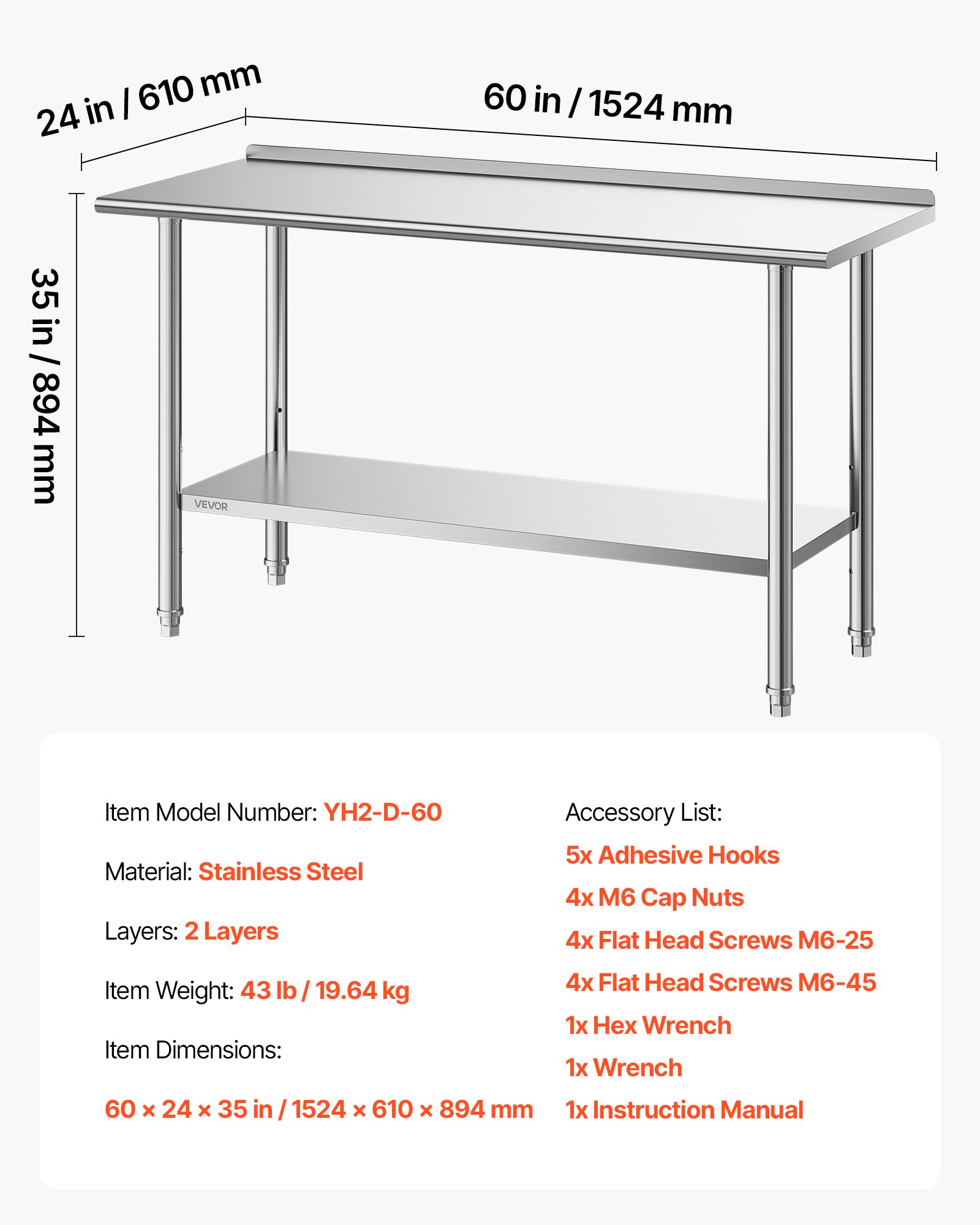 VEVOR Mesa de Trabajo de Acero Inoxidable 2 Niveles, Mesa de Preparación de Alimentos 152,4x61x89,4 cm, Estante Inferior Ajustable, Protector contra Salpicaduras, para Restaurantes, Bares, Hoteles