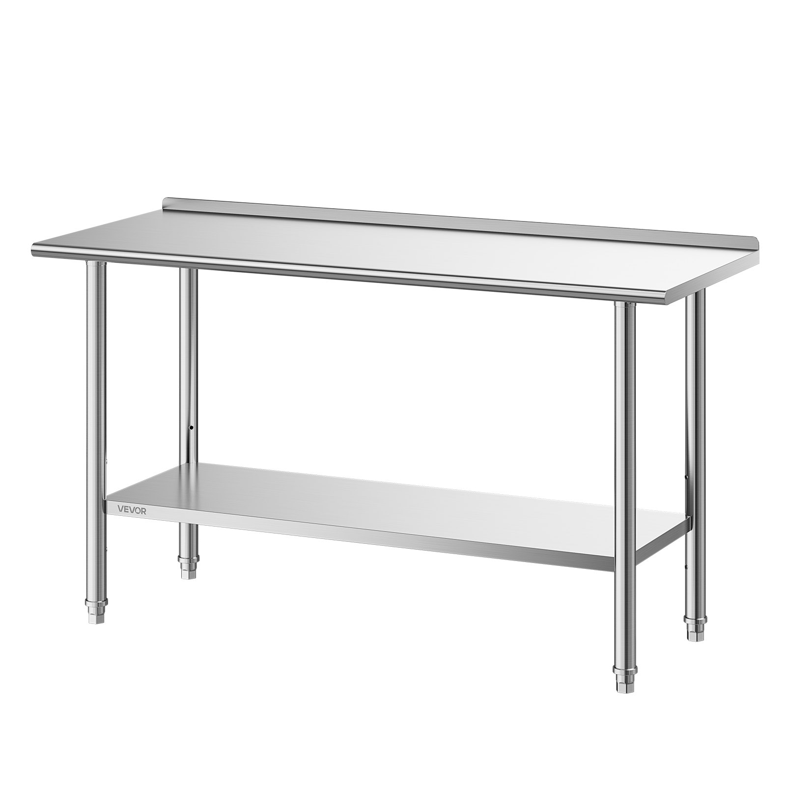 VEVOR Mesa de Trabajo de Acero Inoxidable 2 Niveles, Mesa de Preparación de Alimentos 152,4x61x89,4 cm, Estante Inferior Ajustable, Protector contra Salpicaduras, para Restaurantes, Bares, Hoteles