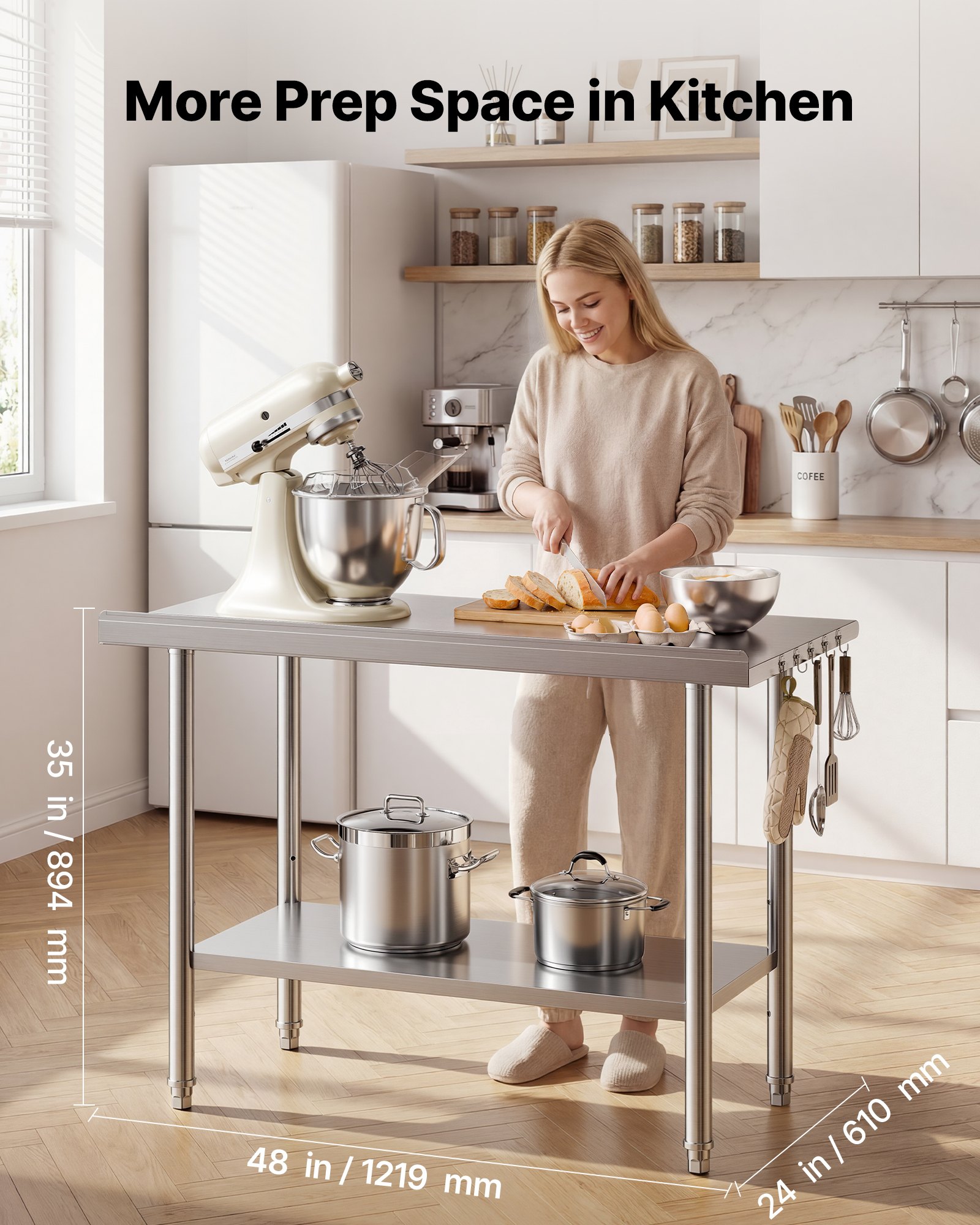 VEVOR Mesa de Trabajo de Acero Inoxidable 2 Niveles, Mesa de Preparación de Alimentos 124,9x61x89,4 cm, Estante Inferior Ajustable, Protector contra Salpicaduras, para Restaurantes, Bares, Hoteles