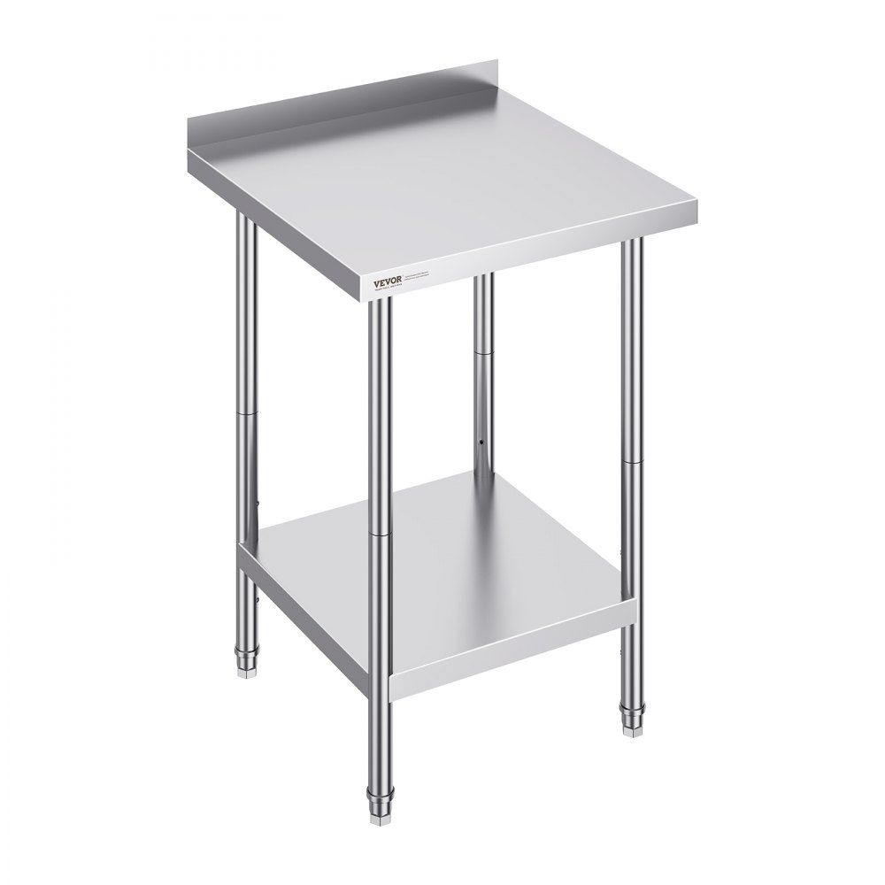 Mesa de trabajo de acero inoxidable VEVOR con pies regulables y estante inferior, ideal para cocinas y uso comercial.