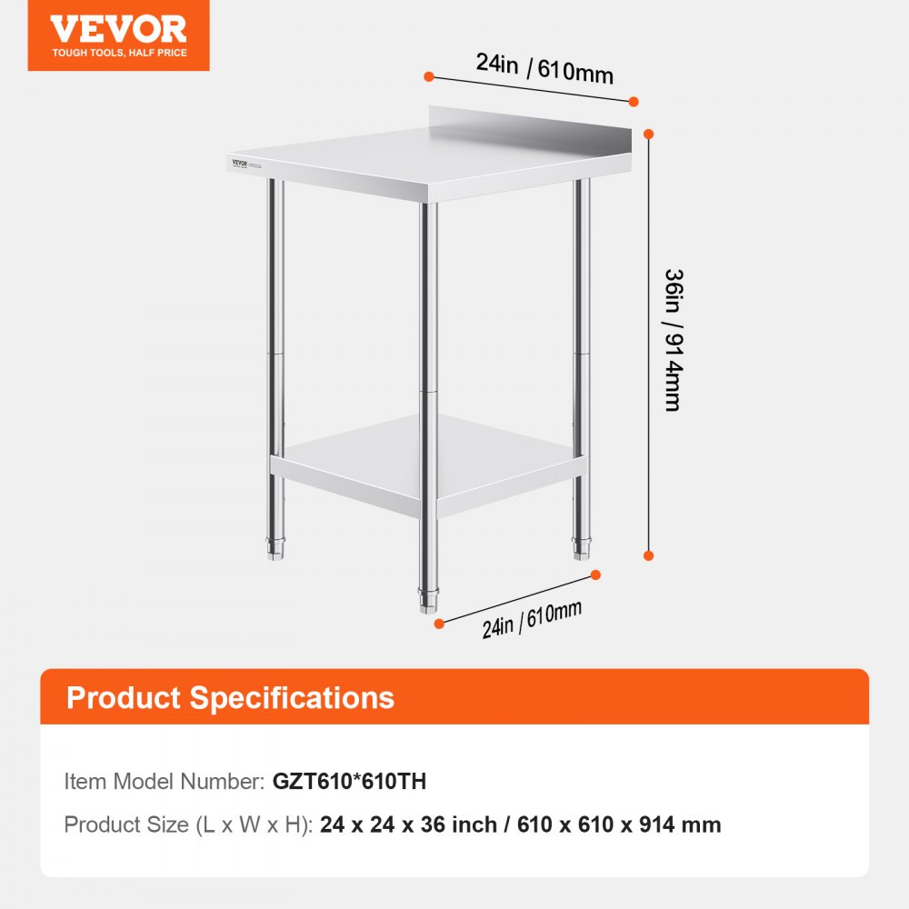 VEVOR stainless steel work table, commercial work table for food preparation, robust metal work table with adjustable height for restaurants, homes and hotels, 610 x 610 x 914 mm