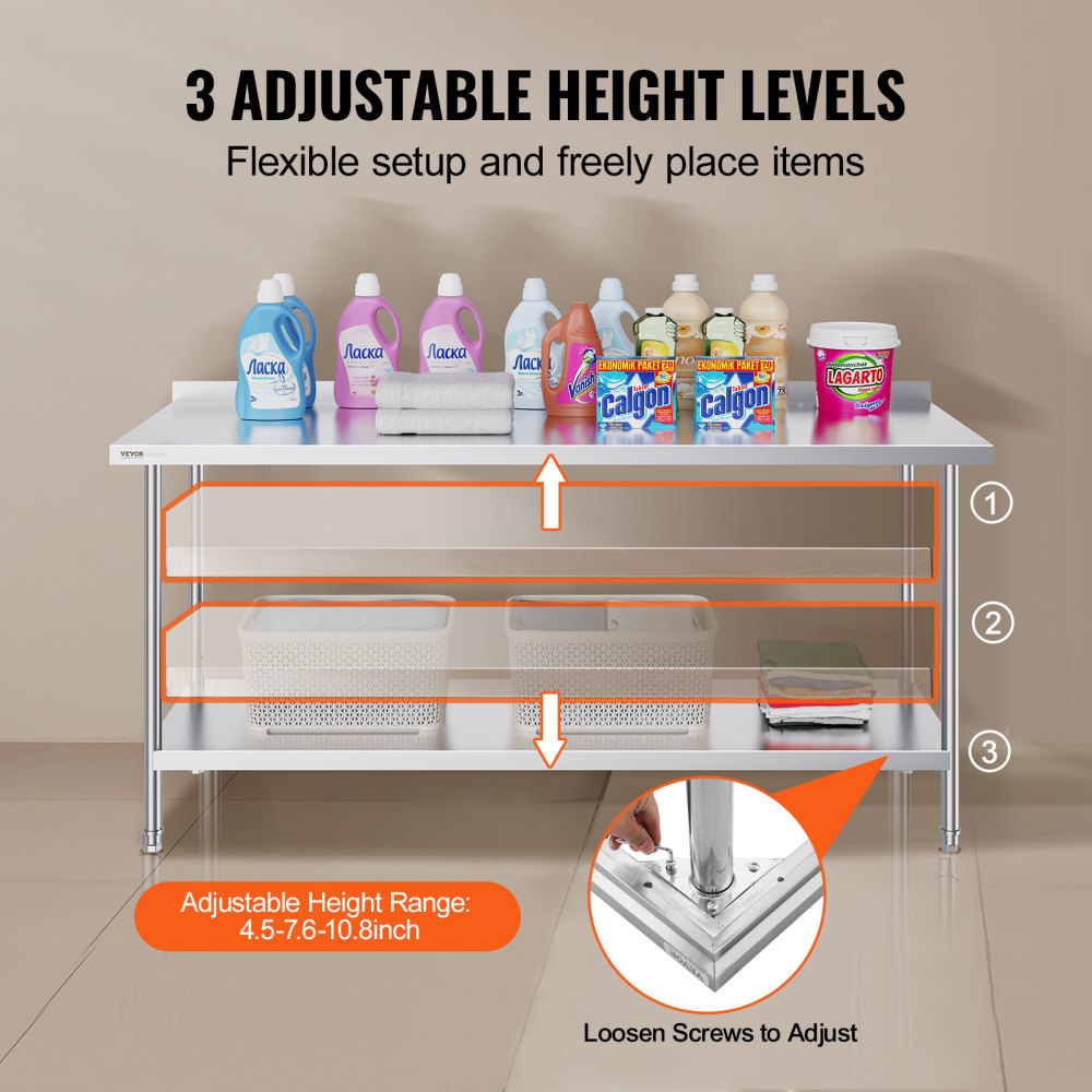 VEVOR Mesa de Trabajo de Acero Inoxidable182,9x61x91,4 cm Mesa de Preparación de Alimentos Duradera Altura Ajustable Unidad de Almacenamiento de Alimentos para Cocina Restaurante Bar Hotel Hogar