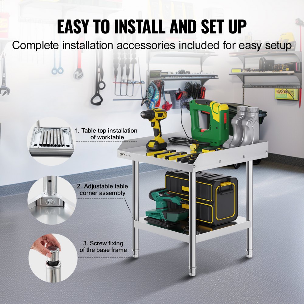 VEVOR Mesa de Trabajo de Acero Inoxidable Mesa de Trabajo Comercial para Preparación de Alimentos Protector contra Salpicaduras de 3 Lados 610 x 610 x 660 mm Altura Ajustable para Restaurantes