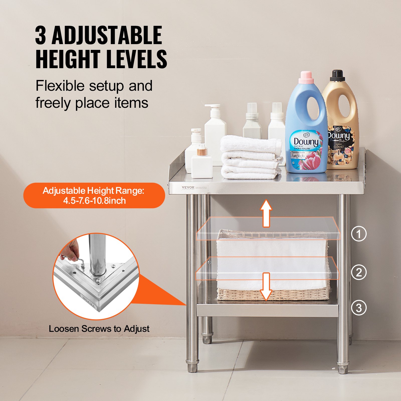 VEVOR Mesa de Trabajo de Acero Inoxidable Mesa de Trabajo Comercial para Preparación de Alimentos Protector contra Salpicaduras de 3 Lados 610 x 610 x 660 mm Altura Ajustable para Restaurantes