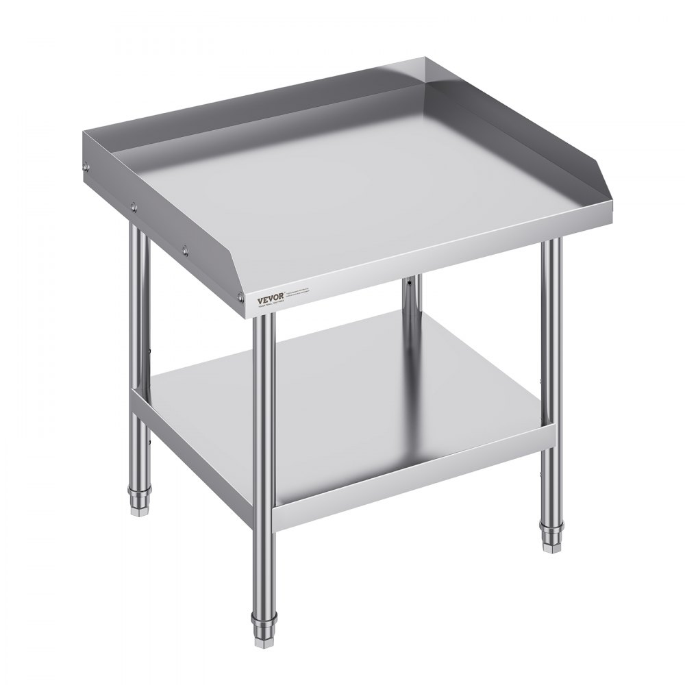 Mesa de trabajo de acero inoxidable VEVOR con bordes elevados y estante inferior para almacenamiento adicional.