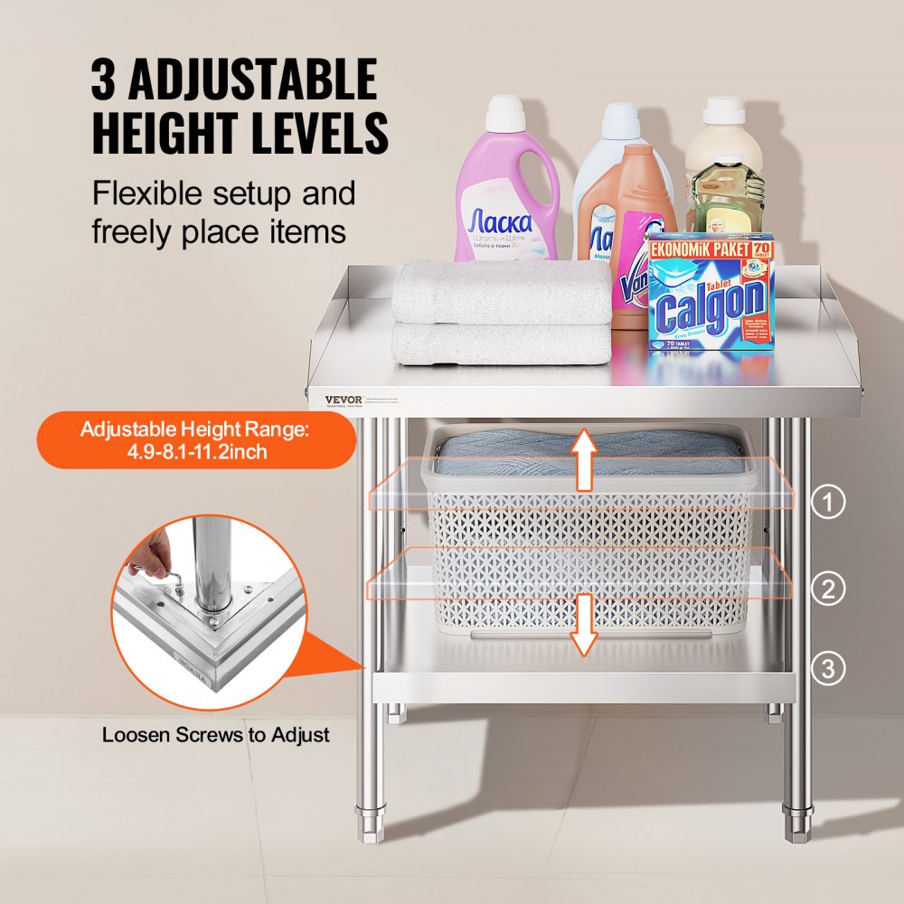 VEVOR stainless steel work table, commercial work table for food preparation, 610 x 711 x 660 mm, 3-sided splash guard, robust preparation table, work table with adjustable height
