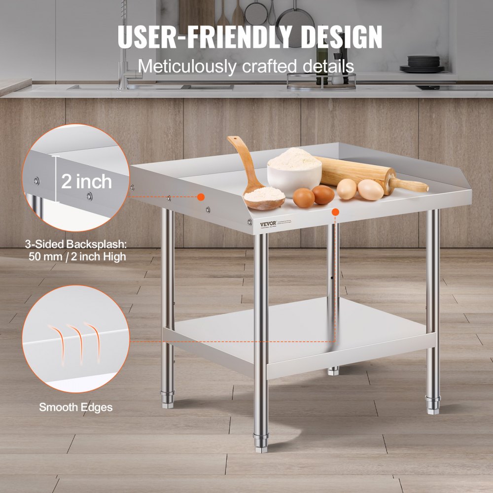 VEVOR Mesa de Trabajo de Acero Inoxidable Mesa de Trabajo Comercial para Preparación de Alimentos Protector contra Salpicaduras de 3 Lados 610 x 711 x 660 mm Altura Ajustable para Restaurantes