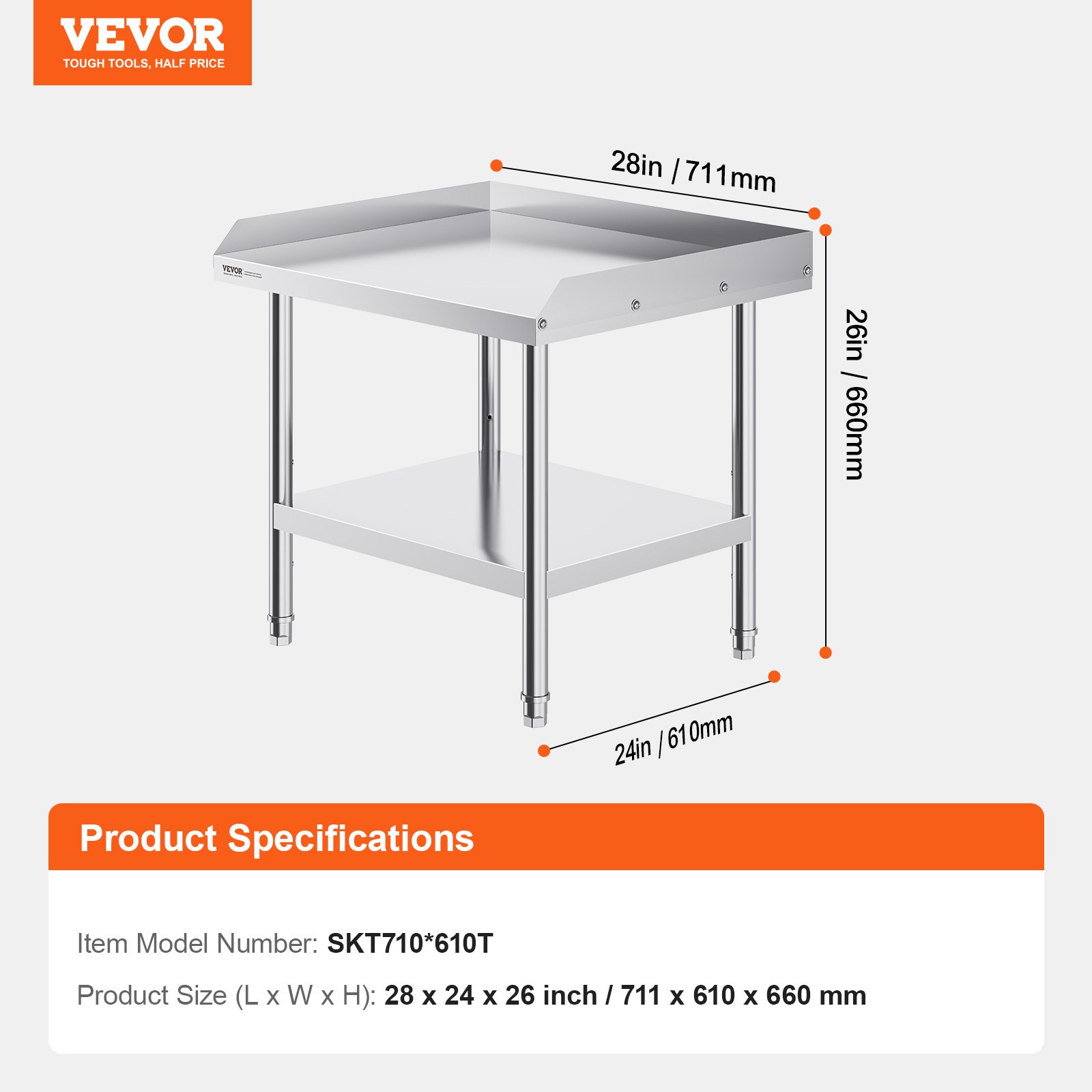 VEVOR stainless steel work table, commercial work table for food preparation, 610 x 711 x 660 mm, 3-sided splash guard, robust preparation table, work table with adjustable height