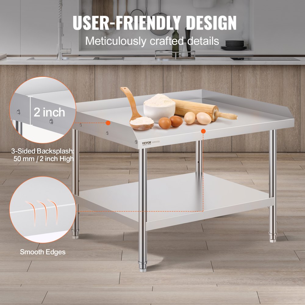 VEVOR Mesa de Trabajo de Acero Inoxidable Mesa de Trabajo Comercial para Preparación de Alimentos Protector contra Salpicaduras de 3 Lados 762 x 914 x 660 mm Altura Ajustable para Restaurantes