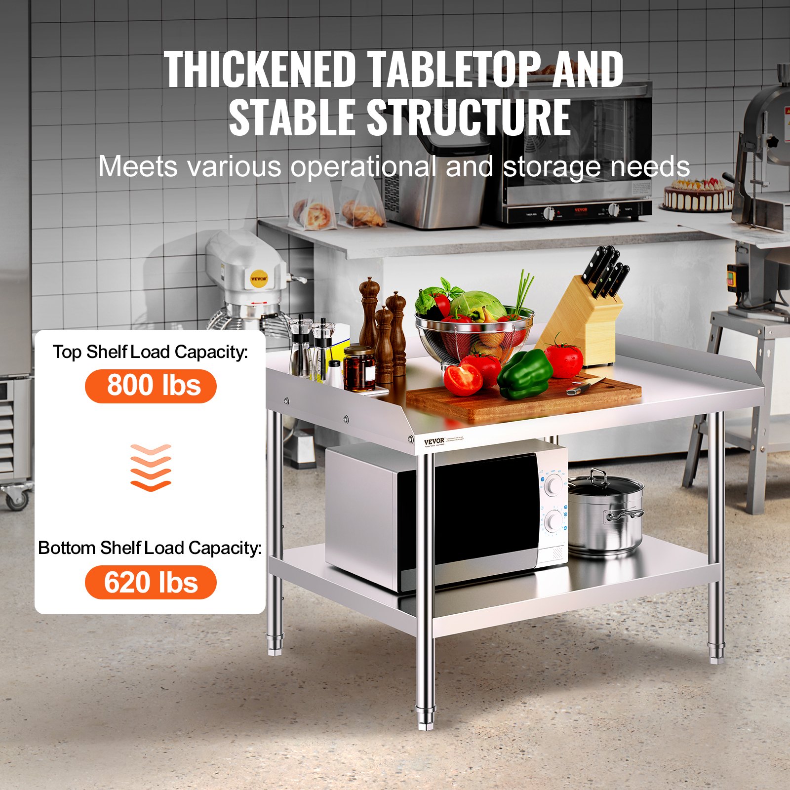 VEVOR Mesa de Trabajo de Acero Inoxidable Mesa de Trabajo Comercial para Preparación de Alimentos Protector contra Salpicaduras de 3 Lados 762 x 914 x 660 mm Altura Ajustable para Restaurantes