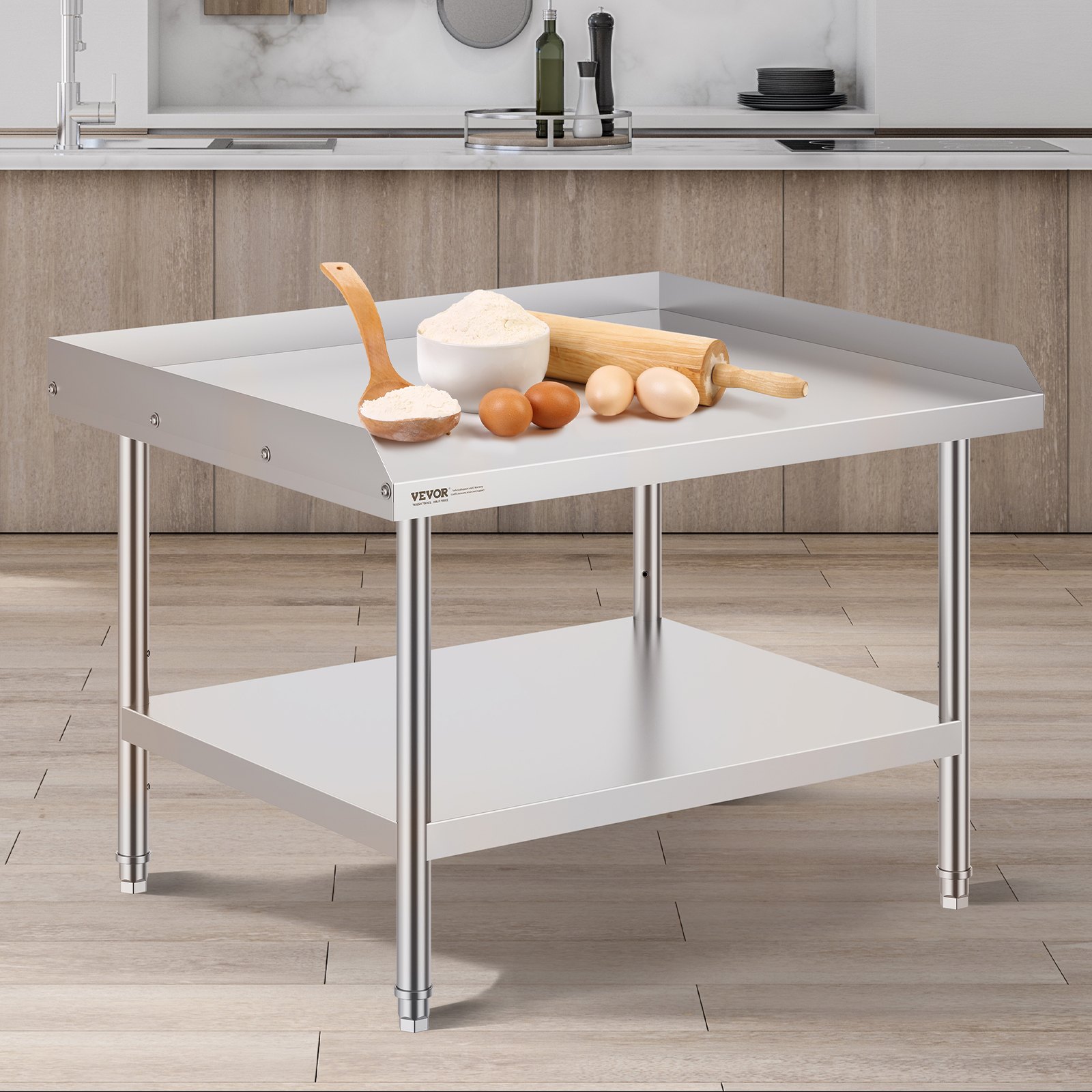 VEVOR Mesa de Trabajo de Acero Inoxidable Mesa de Trabajo Comercial para Preparación de Alimentos Protector contra Salpicaduras de 3 Lados 762 x 914 x 660 mm Altura Ajustable para Restaurantes