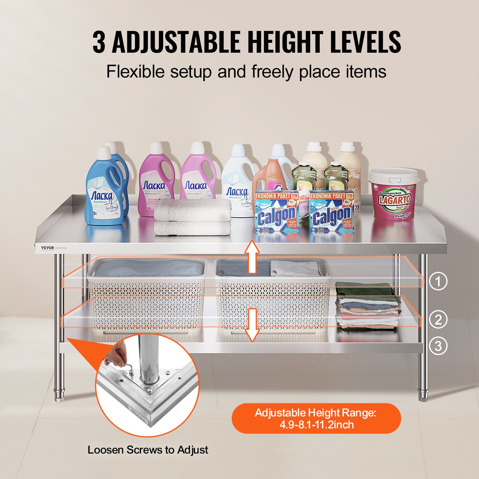 VEVOR Mesa de Trabajo de Acero Inoxidable Mesa de Trabajo Comercial para Preparación de Alimentos Protector contra Salpicaduras de 3 Lados 762 x 1524 x 660 mm Altura Ajustable para Restaurantes