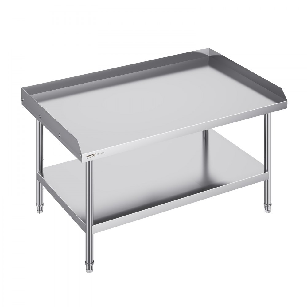 Mesa de trabajo de acero inoxidable VEVOR con un estante inferior y bordes elevados para mayor durabilidad y almacenamiento.