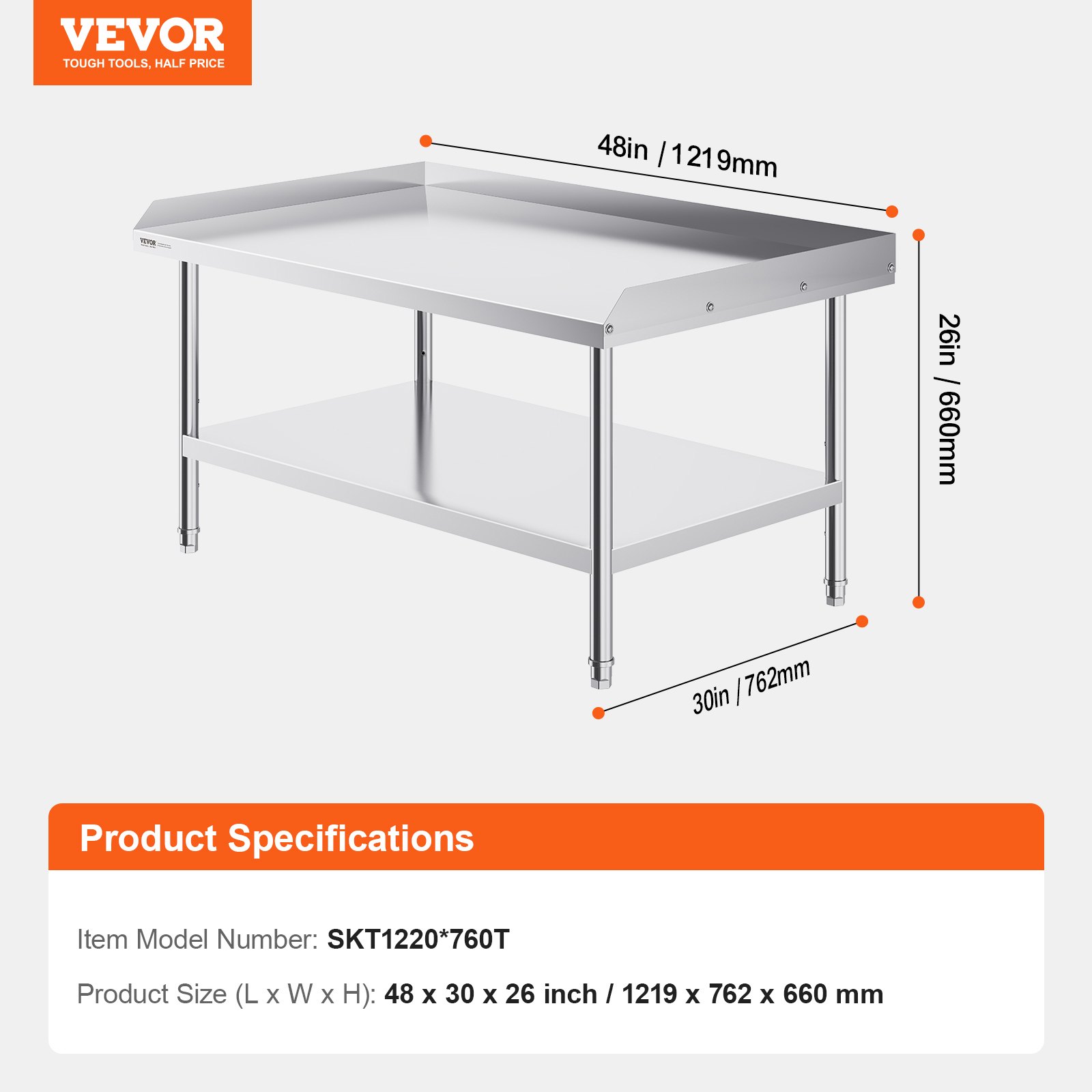 VEVOR stainless steel work table, commercial work table for food preparation, 3-sided splash guard, 762 x 1219 x 660 mm, 689 kg load capacity, with adjustable height for restaurants