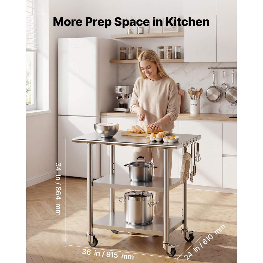 VEVOR Mesa de Preparación con Ruedas 91,5 x 61 x 86,4 cm, Mesa de Trabajo de Acero Inoxidable 3 Niveles, con Estante Ajustable, Bordes Redondeados, para Restaurantes, Hoteles, Cocinas, Garajes