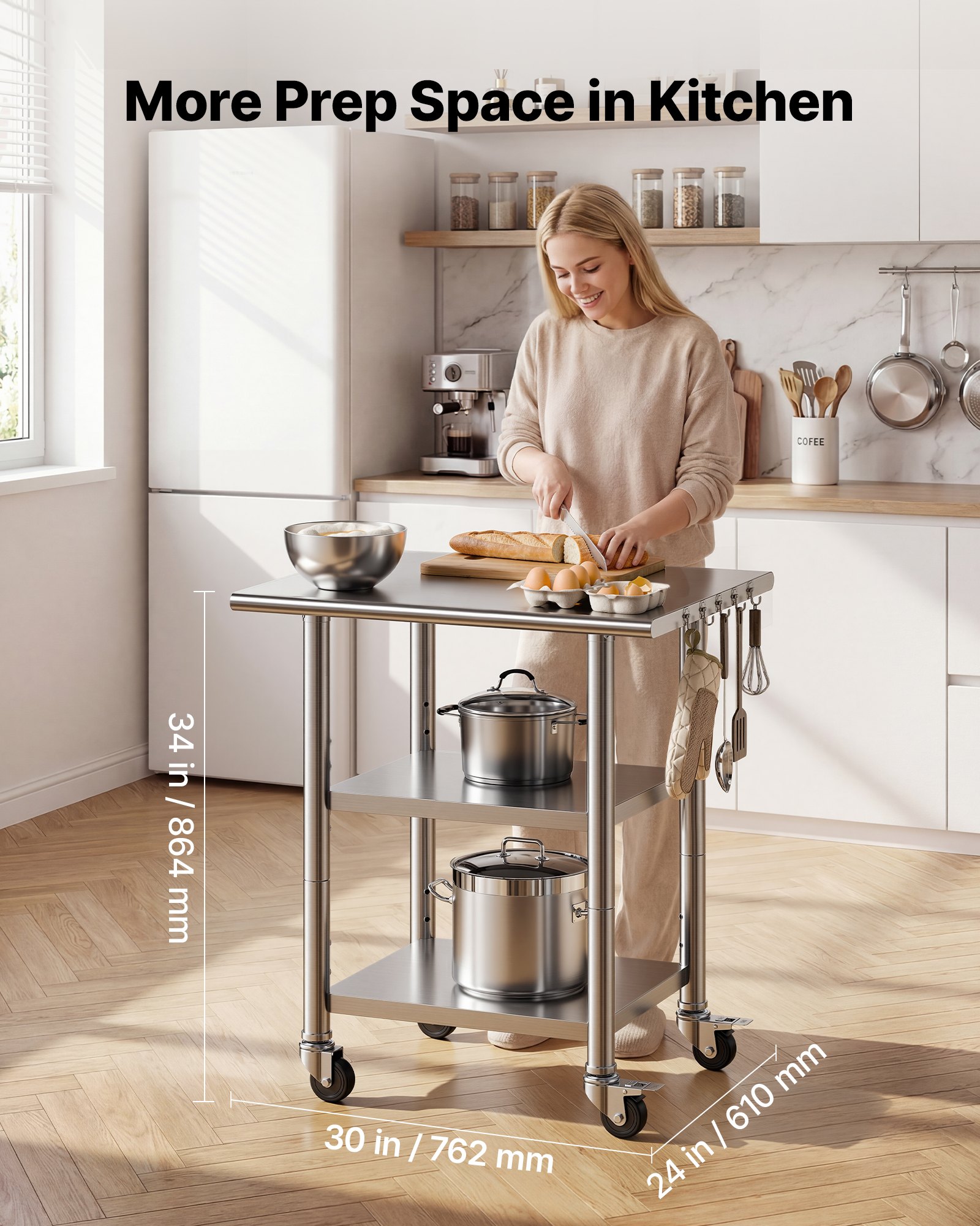 VEVOR Mesa de Preparación con Ruedas 76,2 x 61 x 86,4 cm, Mesa de Trabajo de Acero Inoxidable 3 Niveles, con Estante Ajustable, Bordes Redondeados, para Restaurantes, Hoteles, Cocinas, Garajes