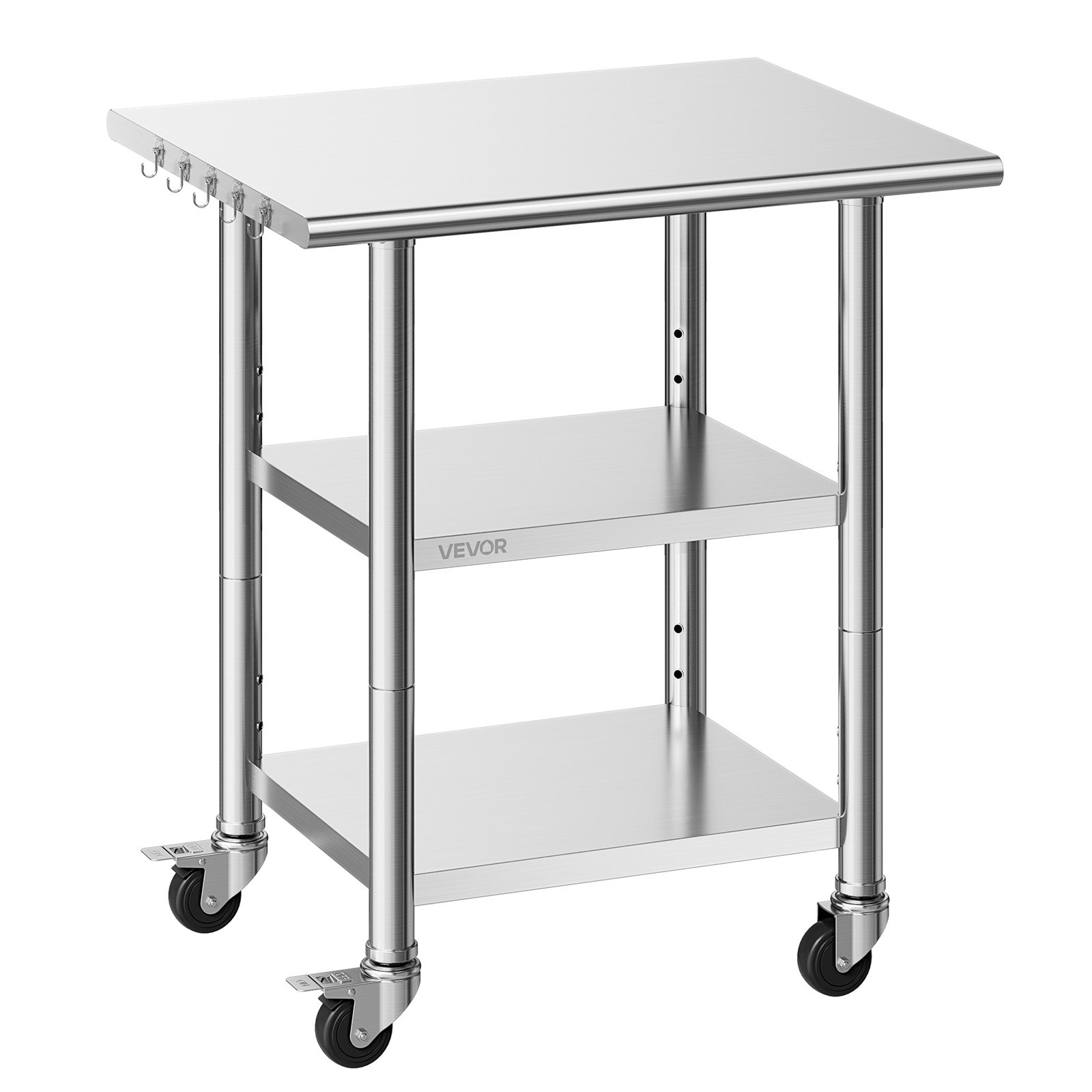 VEVOR Mesa de Preparación con Ruedas 76,2 x 61 x 86,4 cm, Mesa de Trabajo de Acero Inoxidable 3 Niveles, con Estante Ajustable, Bordes Redondeados, para Restaurantes, Hoteles, Cocinas, Garajes