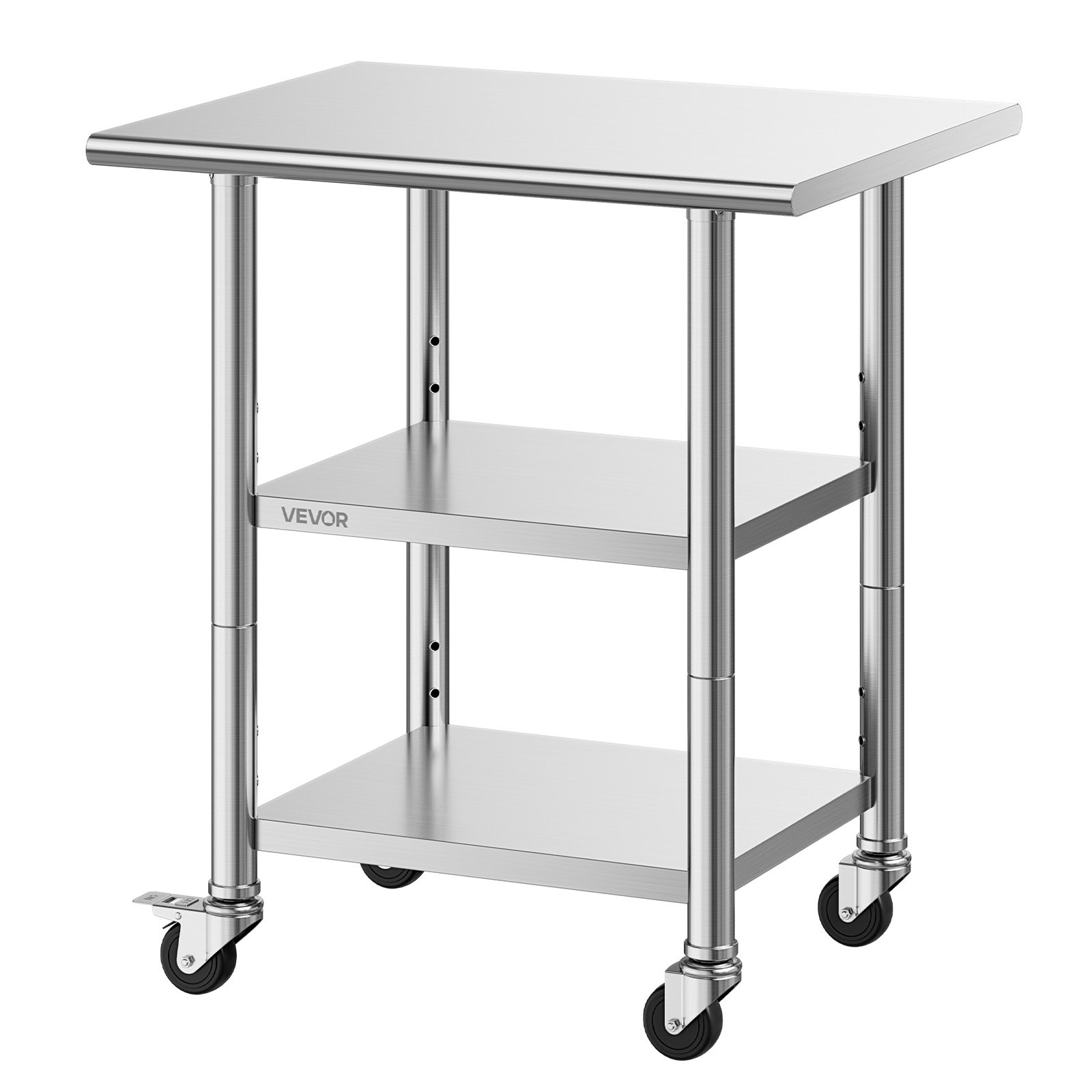 VEVOR Mesa de Preparación con Ruedas 76,2 x 61 x 86,4 cm, Mesa de Trabajo de Acero Inoxidable 3 Niveles, con Estante Ajustable, Bordes Redondeados, para Restaurantes, Hoteles, Cocinas, Garajes