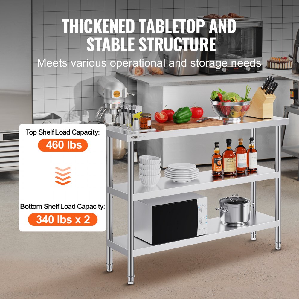 VEVOR Mesa de Preparación de Alimentos 356x1219x864 mm Mesa de Trabajo de Cocina Comercial de Acero Inoxidable con 2 Estantes Inferiores Ajustables Mesa de Preparación para Parrilla, Cocina, Hogar