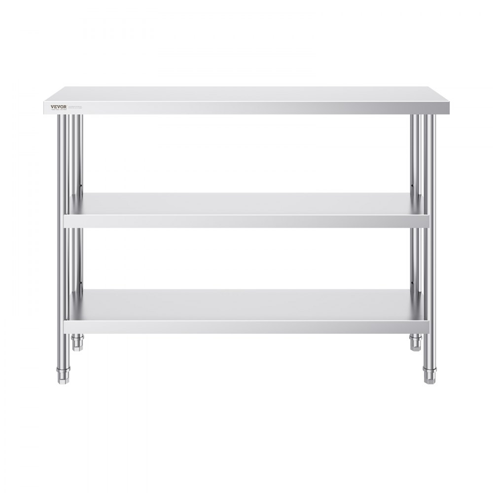 VEVOR Mesa de Preparación de Alimentos 356x1219x864 mm Mesa de Trabajo de Cocina Comercial de Acero Inoxidable con 2 Estantes Inferiores Ajustables Mesa de Preparación para Parrilla, Cocina, Hogar