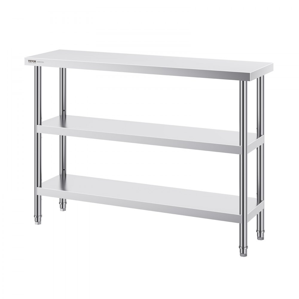 VEVOR Mesa de Preparación de Alimentos 356x1219x864 mm Mesa de Trabajo de Cocina Comercial de Acero Inoxidable con 2 Estantes Inferiores Ajustables Mesa de Preparación para Parrilla, Cocina, Hogar