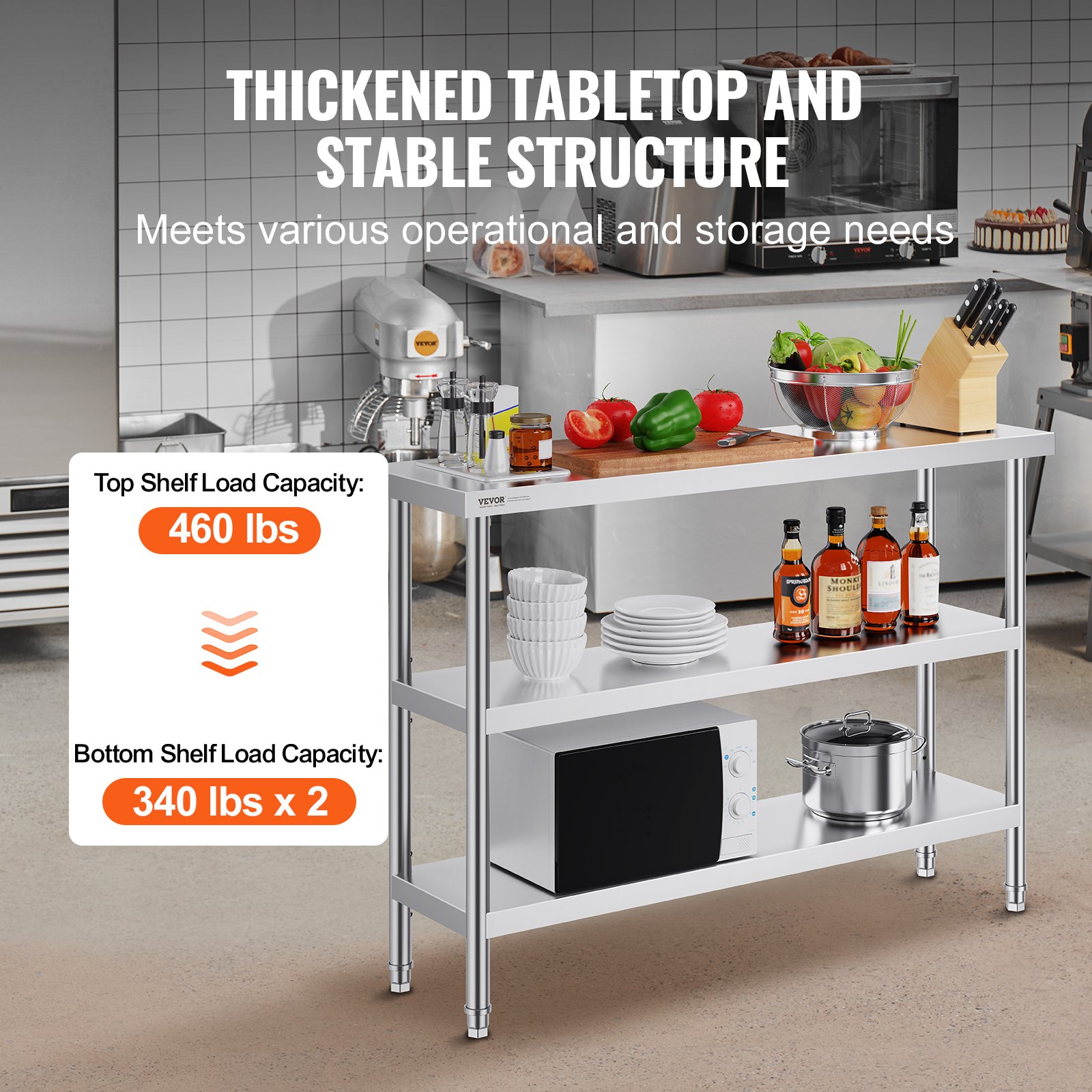 VEVOR Mesa de Preparación de Alimentos 356x1219x864 mm Mesa de Trabajo de Cocina Comercial de Acero Inoxidable con 2 Estantes Inferiores Ajustables Mesa de Preparación para Parrilla, Cocina, Hogar