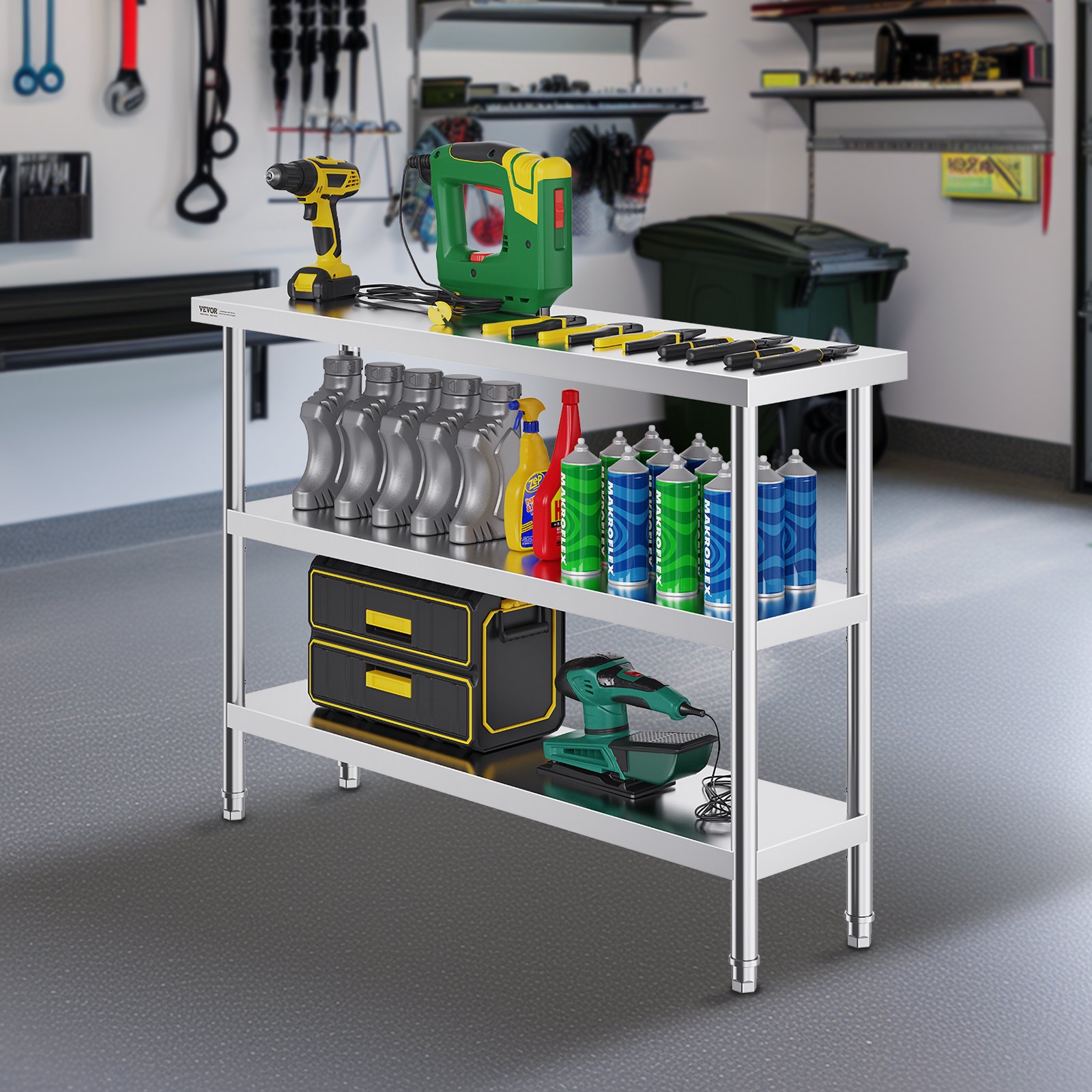 VEVOR Mesa de Preparación de Alimentos 356x1219x864 mm Mesa de Trabajo de Cocina Comercial de Acero Inoxidable con 2 Estantes Inferiores Ajustables Mesa de Preparación para Parrilla, Cocina, Hogar