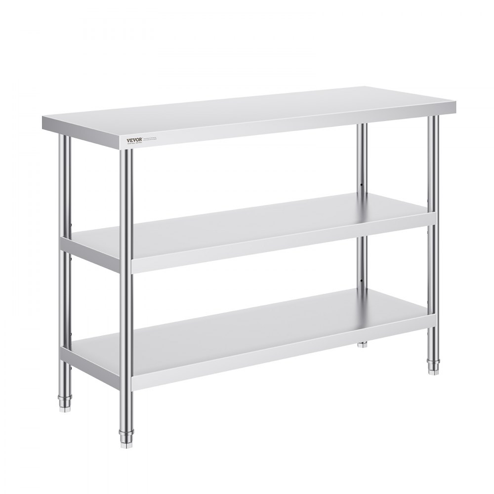 VEVOR Mesa de Preparación de Alimentos 457x1219x864 mm Mesa de Trabajo de Cocina Comercial de Acero Inoxidable con 2 Estantes Inferiores Ajustables Mesa de Preparación para Parrilla, Cocina, Hogar