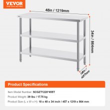 VEVOR Mesa de Trabajo Mesa de Preparación Comercial 457x1219x864 mm 3 Niveles