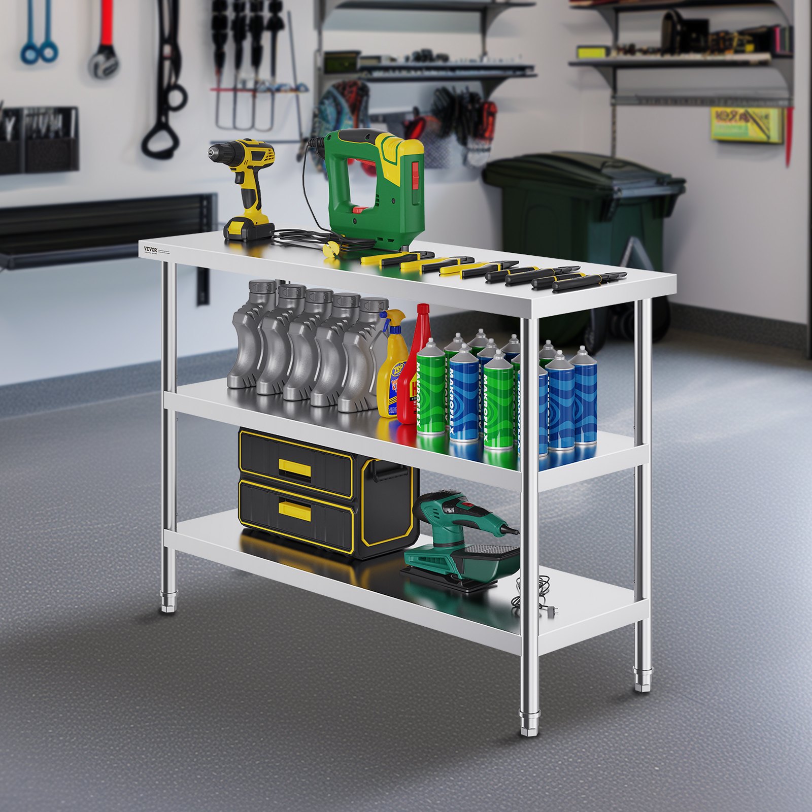 VEVOR Mesa de Preparación de Alimentos 457x1219x864 mm Mesa de Trabajo de Cocina Comercial de Acero Inoxidable con 2 Estantes Inferiores Ajustables Mesa de Preparación para Parrilla, Cocina, Hogar