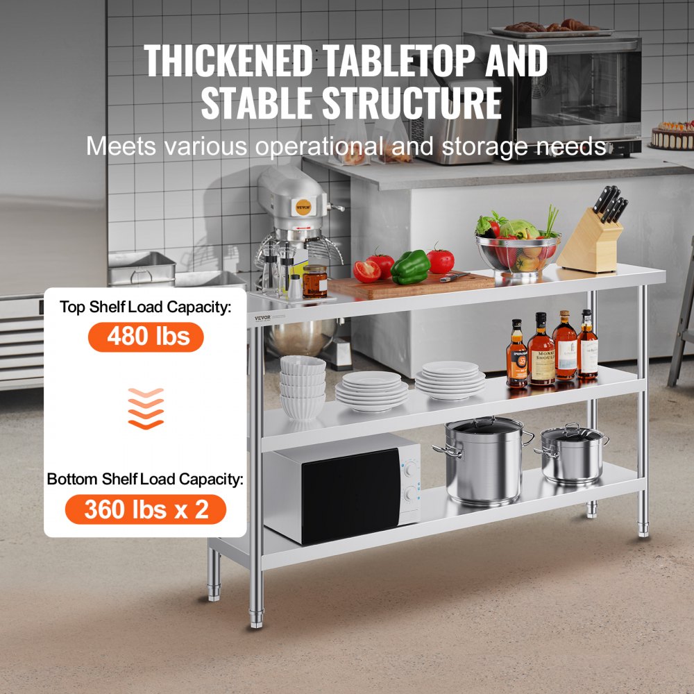 VEVOR Mesa de Preparación de Alimentos 356x1524x864 mm Mesa de Trabajo de Cocina Comercial de Acero Inoxidable con 2 Estantes Inferiores Ajustables Mesa de Preparación para Parrilla, Cocina, Hogar