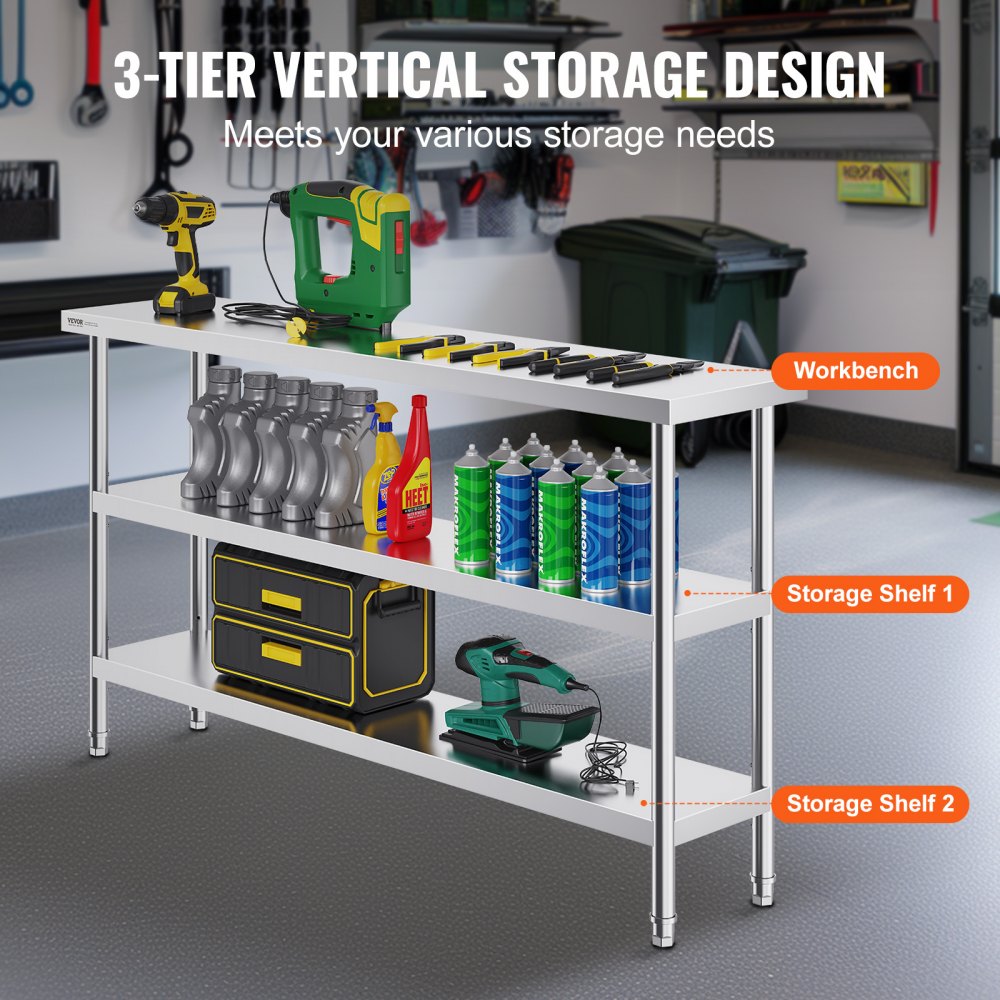 VEVOR Mesa de Preparación de Alimentos 356x1524x864 mm Mesa de Trabajo de Cocina Comercial de Acero Inoxidable con 2 Estantes Inferiores Ajustables Mesa de Preparación para Parrilla, Cocina, Hogar