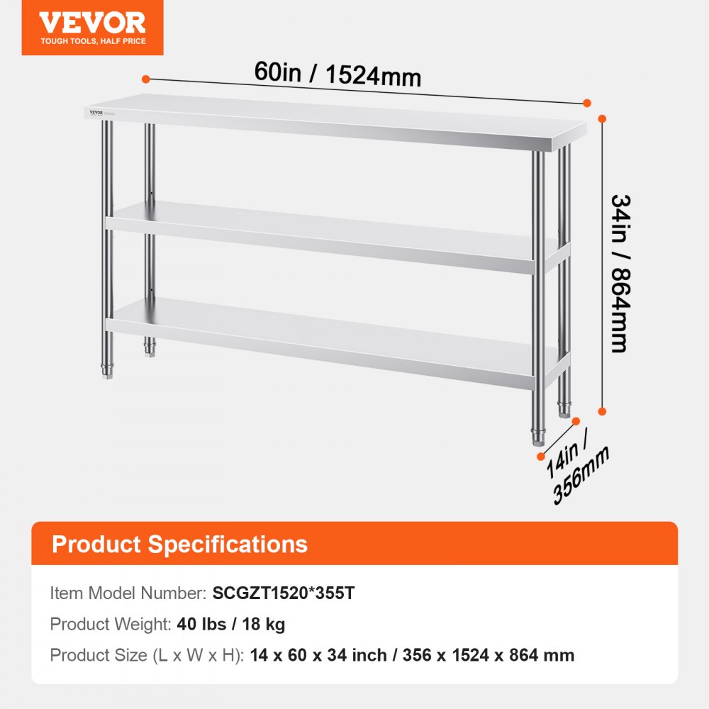 VEVOR Mesa de Preparación de Alimentos 356x1524x864 mm Mesa de Trabajo de Cocina Comercial de Acero Inoxidable con 2 Estantes Inferiores Ajustables Mesa de Preparación para Parrilla, Cocina, Hogar