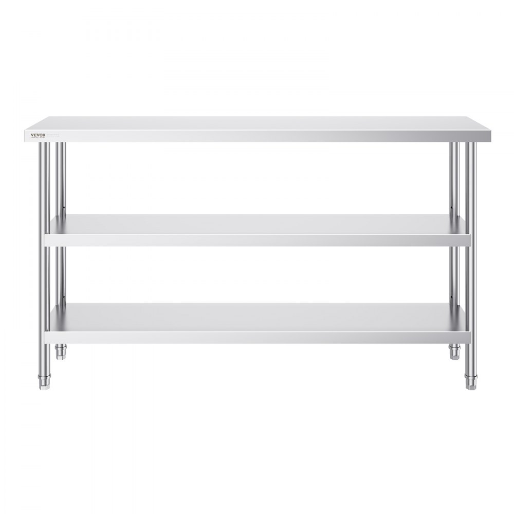 VEVOR Mesa de Preparación de Alimentos 356x1524x864 mm Mesa de Trabajo de Cocina Comercial de Acero Inoxidable con 2 Estantes Inferiores Ajustables Mesa de Preparación para Parrilla, Cocina, Hogar