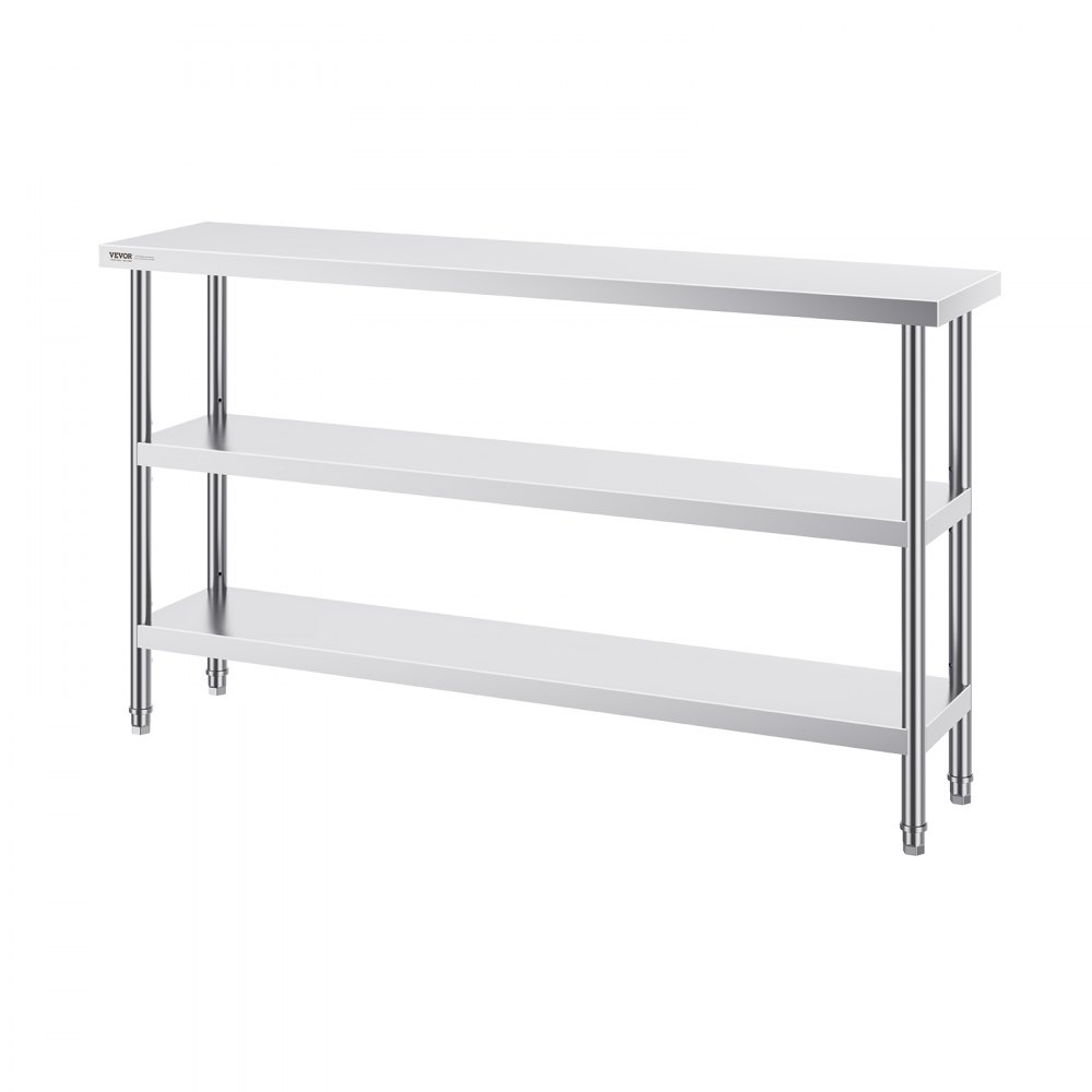 VEVOR Mesa de Preparación de Alimentos 356x1524x864 mm Mesa de Trabajo de Cocina Comercial de Acero Inoxidable con 2 Estantes Inferiores Ajustables Mesa de Preparación para Parrilla, Cocina, Hogar