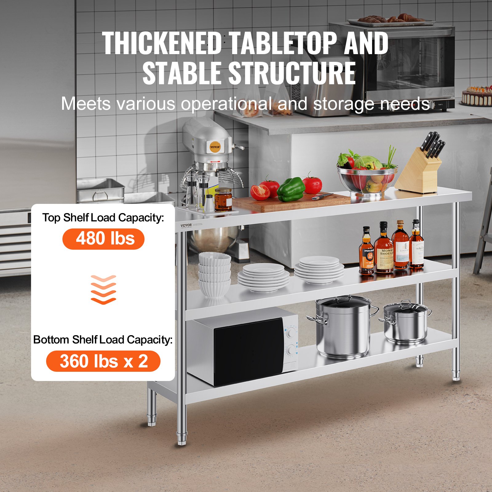 VEVOR Mesa de Preparación de Alimentos 356x1524x864 mm Mesa de Trabajo de Cocina Comercial de Acero Inoxidable con 2 Estantes Inferiores Ajustables Mesa de Preparación para Parrilla, Cocina, Hogar